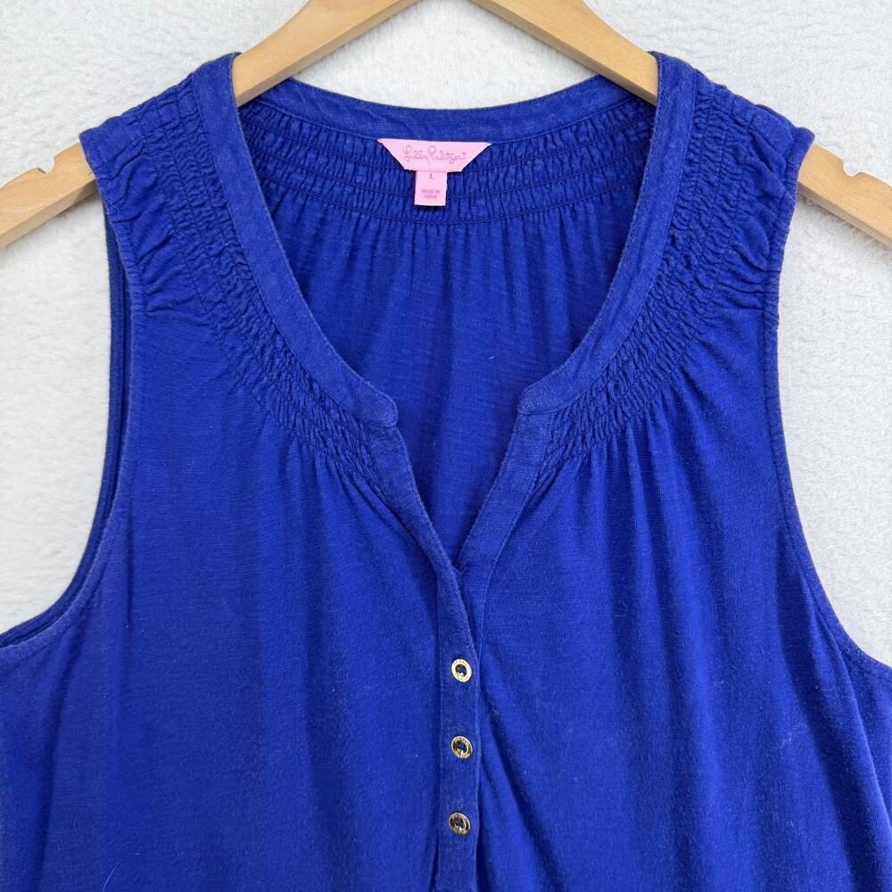 LILLY PULITZER Dress L Essie Tank Mini Smocked Popover Cotton Modal Blue - Picture 4 of 12